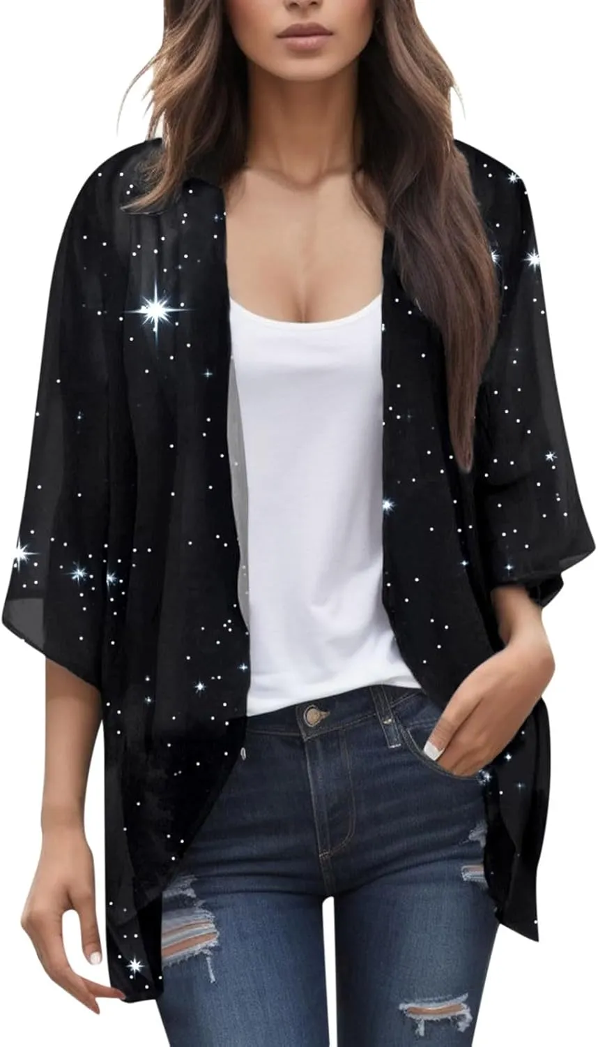 2023 Women's Casual Cardigan Puff Sleeve Floral Lightweight Coats Fall Open Front Cardigans Soft Draped Cardigan Jackets