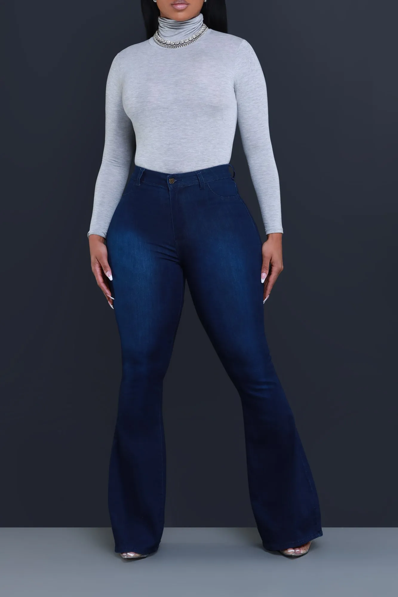 $5 Bing High Waist Stretchy Bell Bottom Jeans - Dark Wash