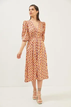 Abstract Print Orange Puff Sleeve Midi Dress
