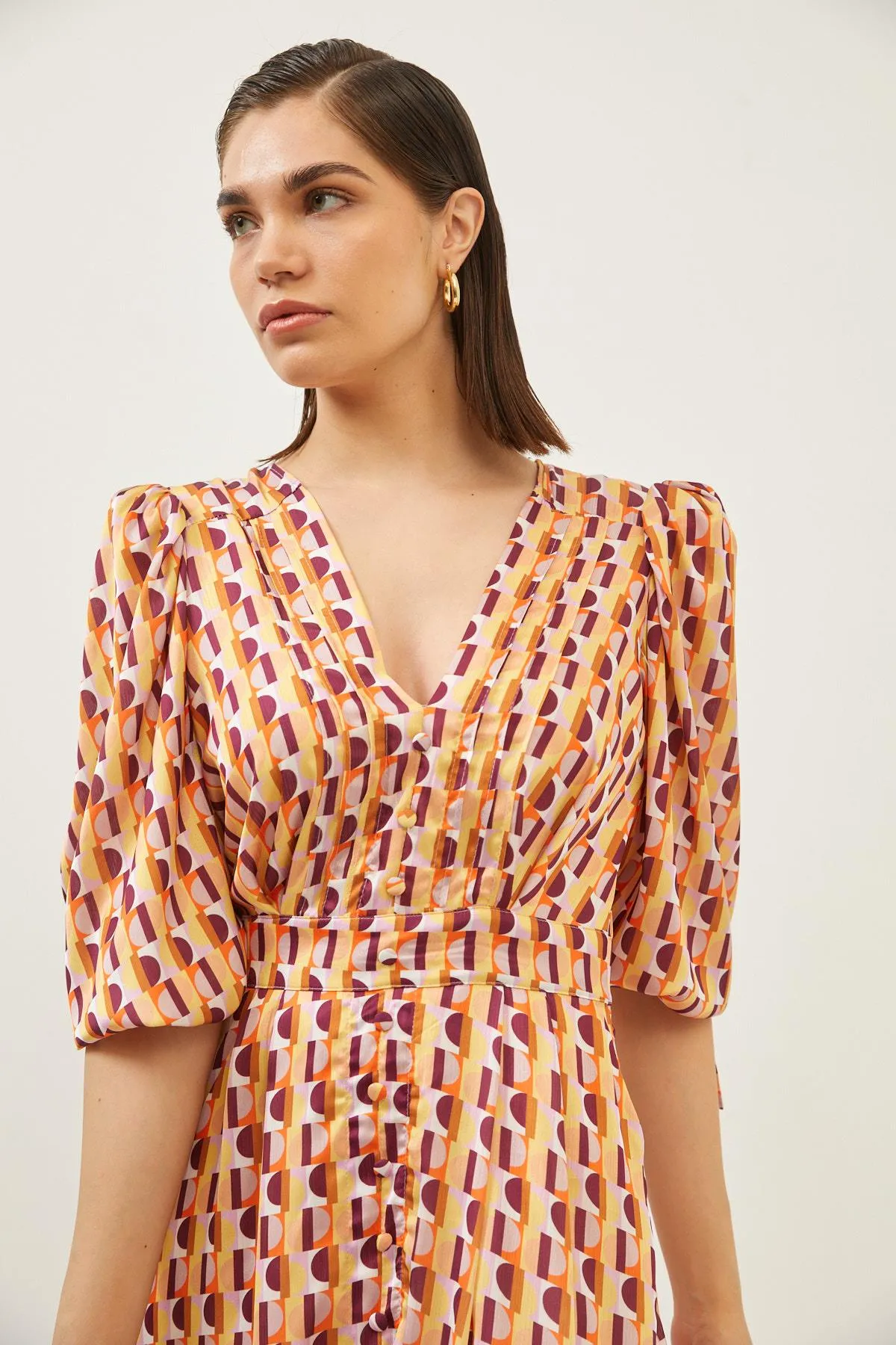 Abstract Print Orange Puff Sleeve Midi Dress