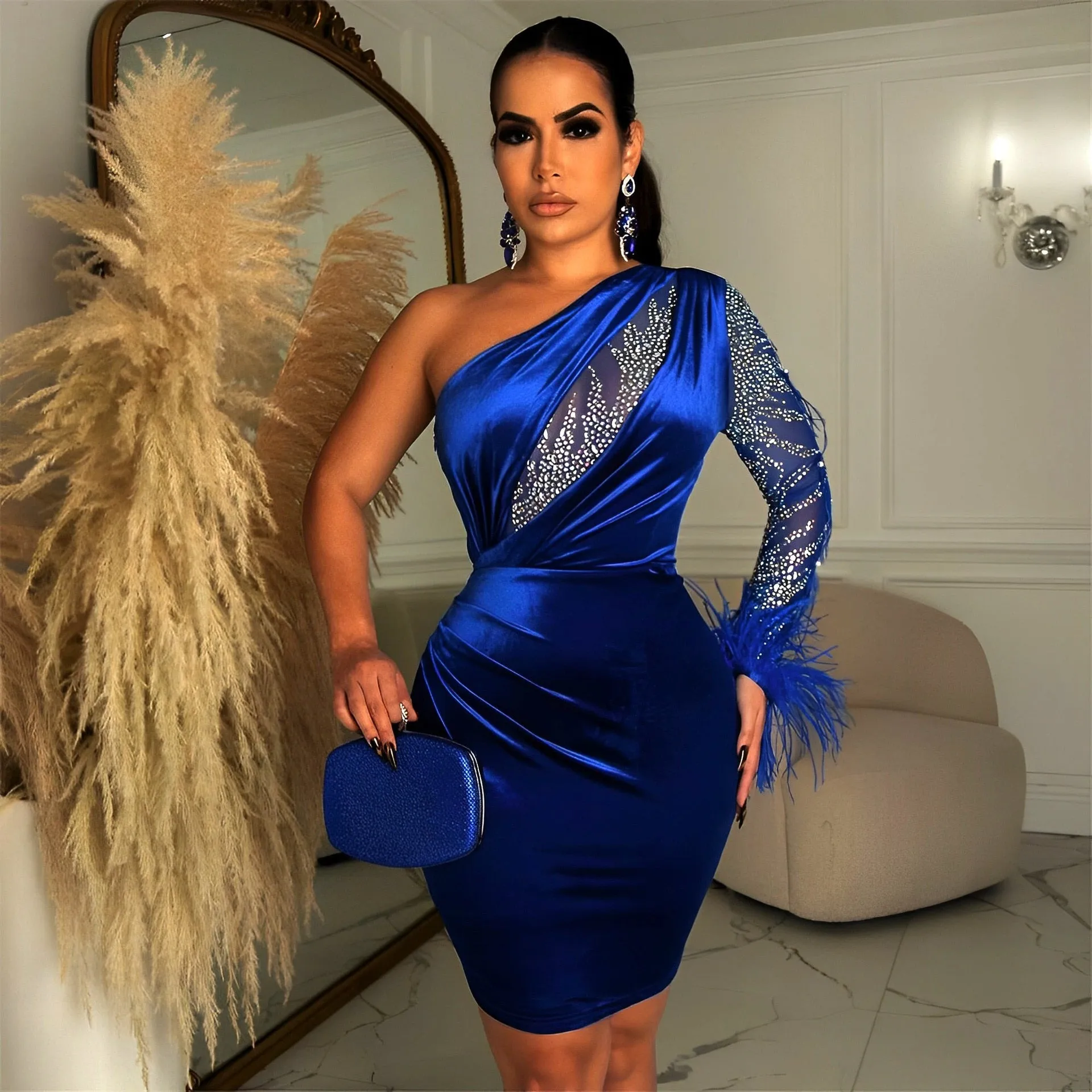 ADOGIRL Bling Feather Velvet Chic Mini Dress