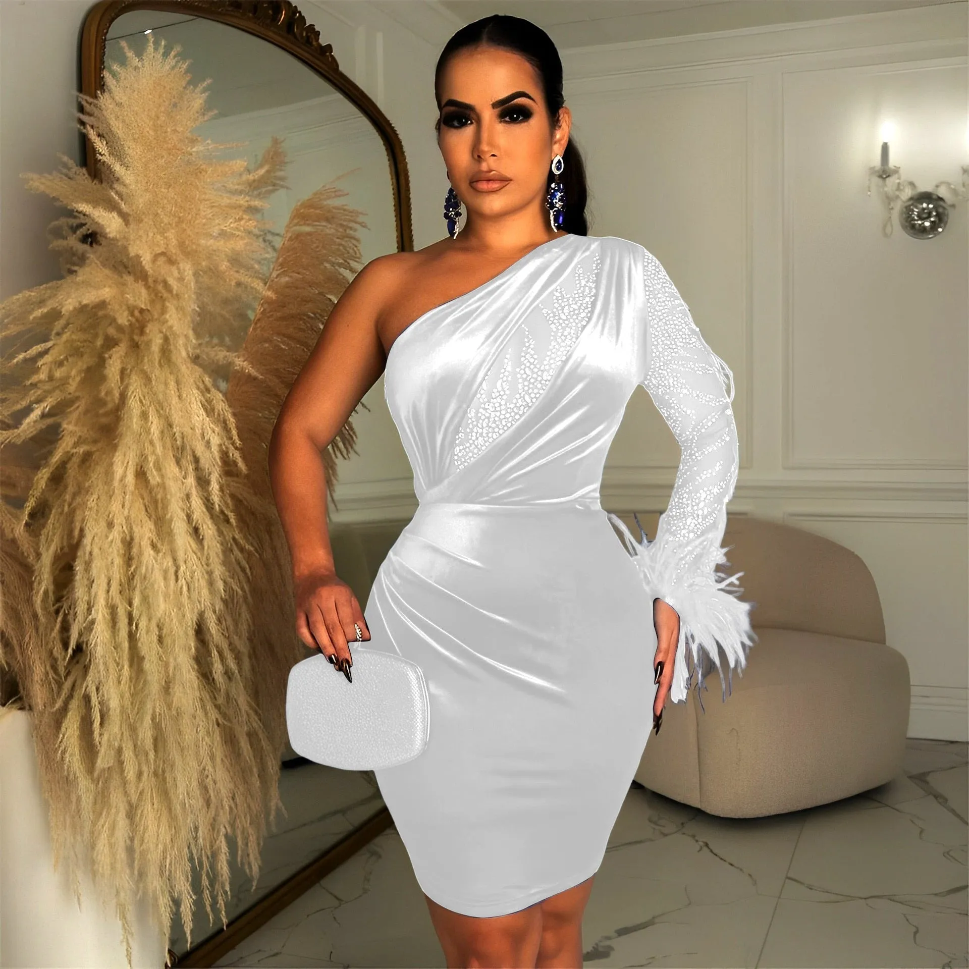 ADOGIRL Bling Feather Velvet Chic Mini Dress
