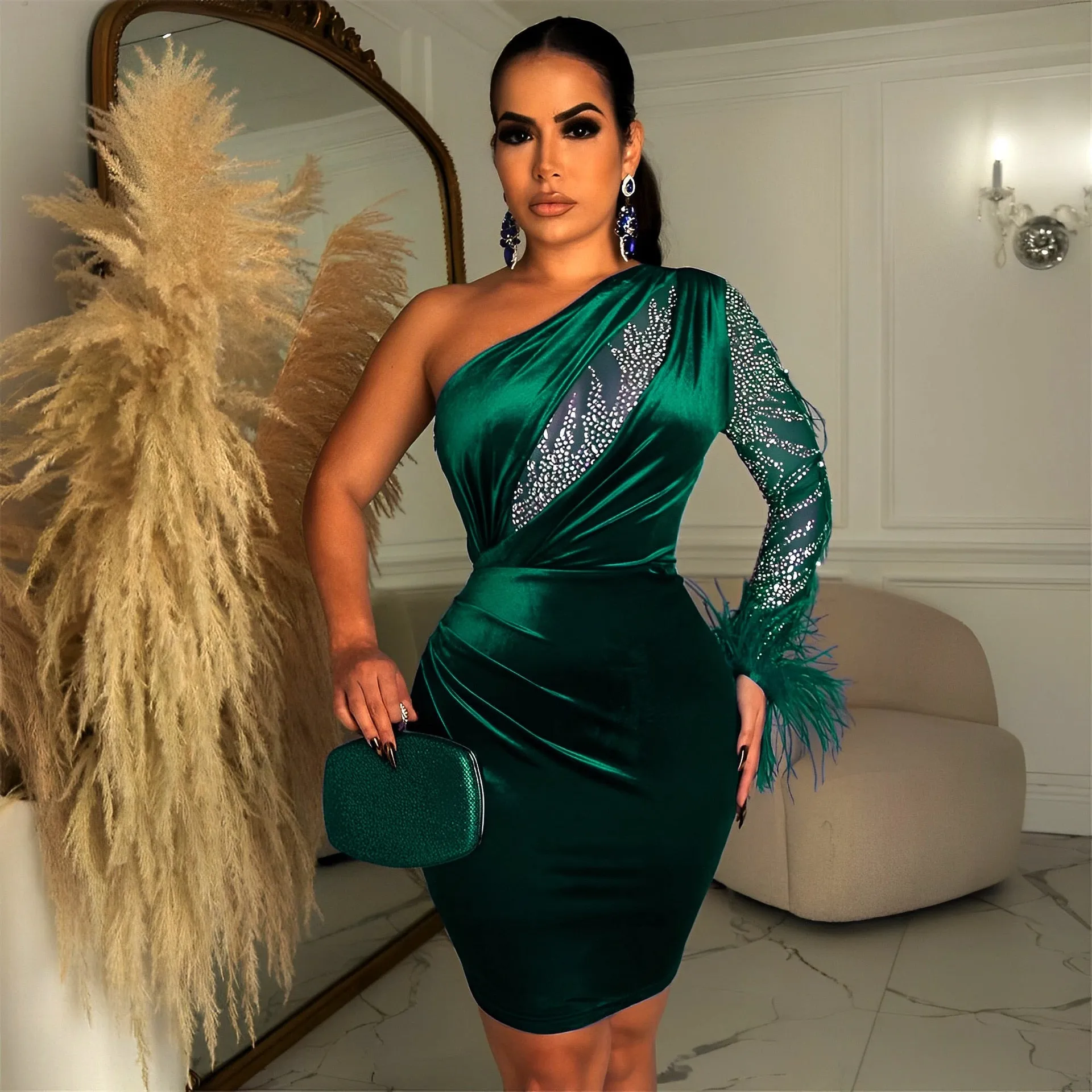 ADOGIRL Bling Feather Velvet Chic Mini Dress