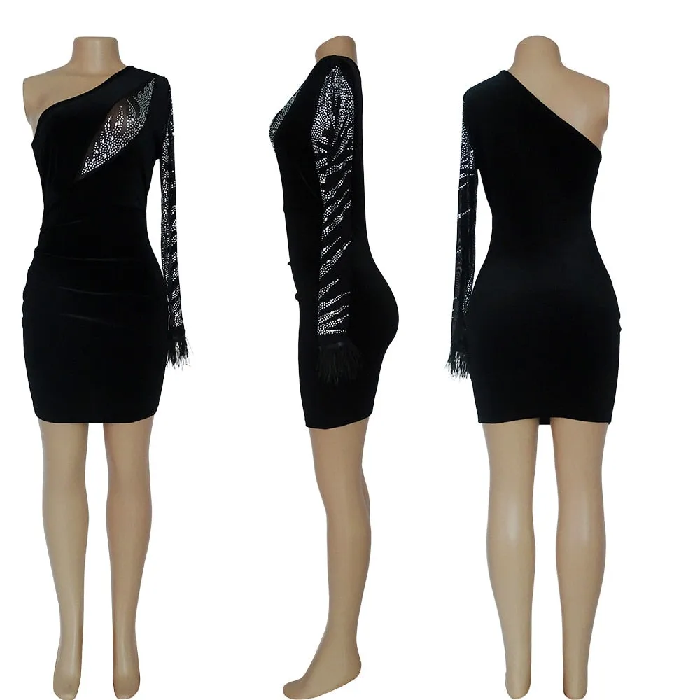ADOGIRL Bling Feather Velvet Chic Mini Dress