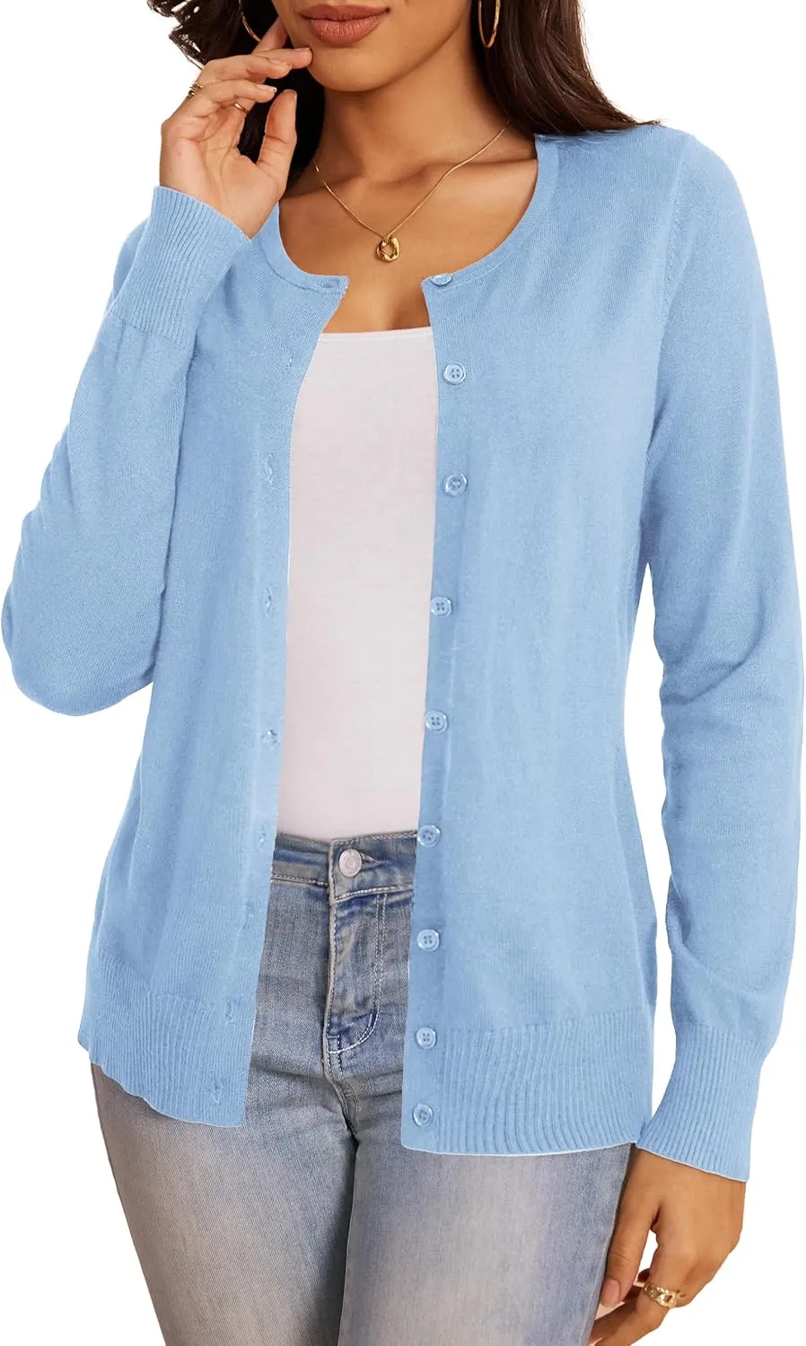 a.Jesdani Women's Button Down Crew Neck Long Sleeve Soft Knit Cardigan Sweaters