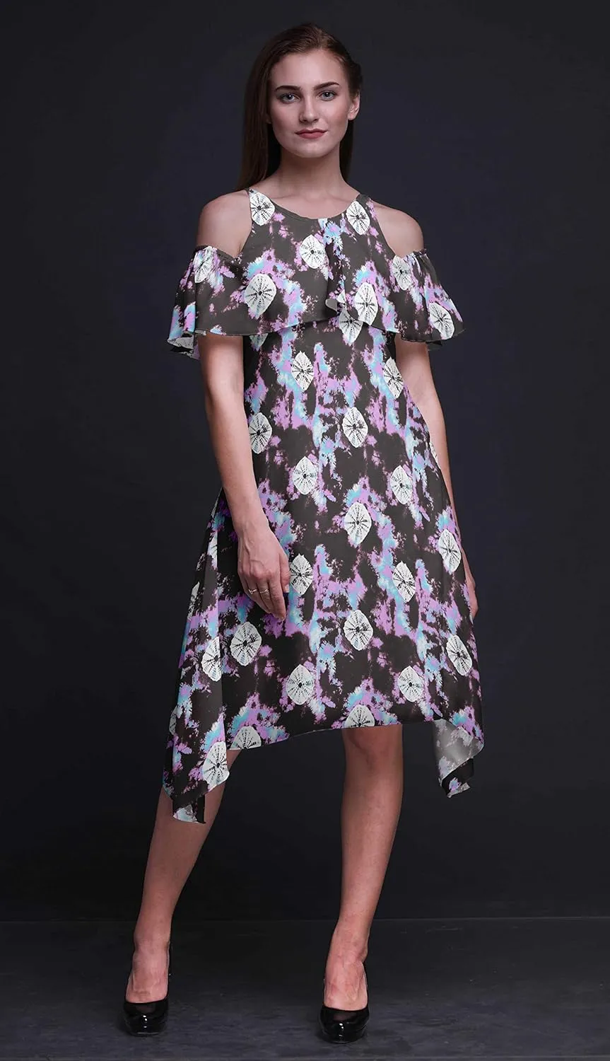 Bimba Moss Georgette Printed Womens Chic Style Cold Shoulder Tunic Party Round Neck Shift Dress