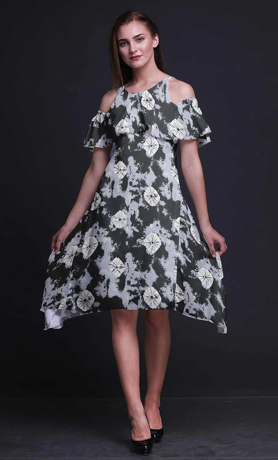 Bimba Moss Georgette Printed Womens Chic Style Cold Shoulder Tunic Party Round Neck Shift Dress