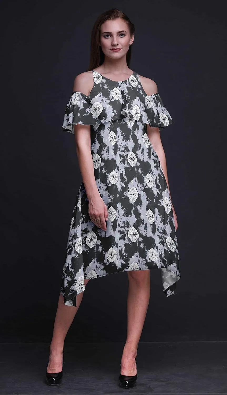 Bimba Moss Georgette Printed Womens Chic Style Cold Shoulder Tunic Party Round Neck Shift Dress
