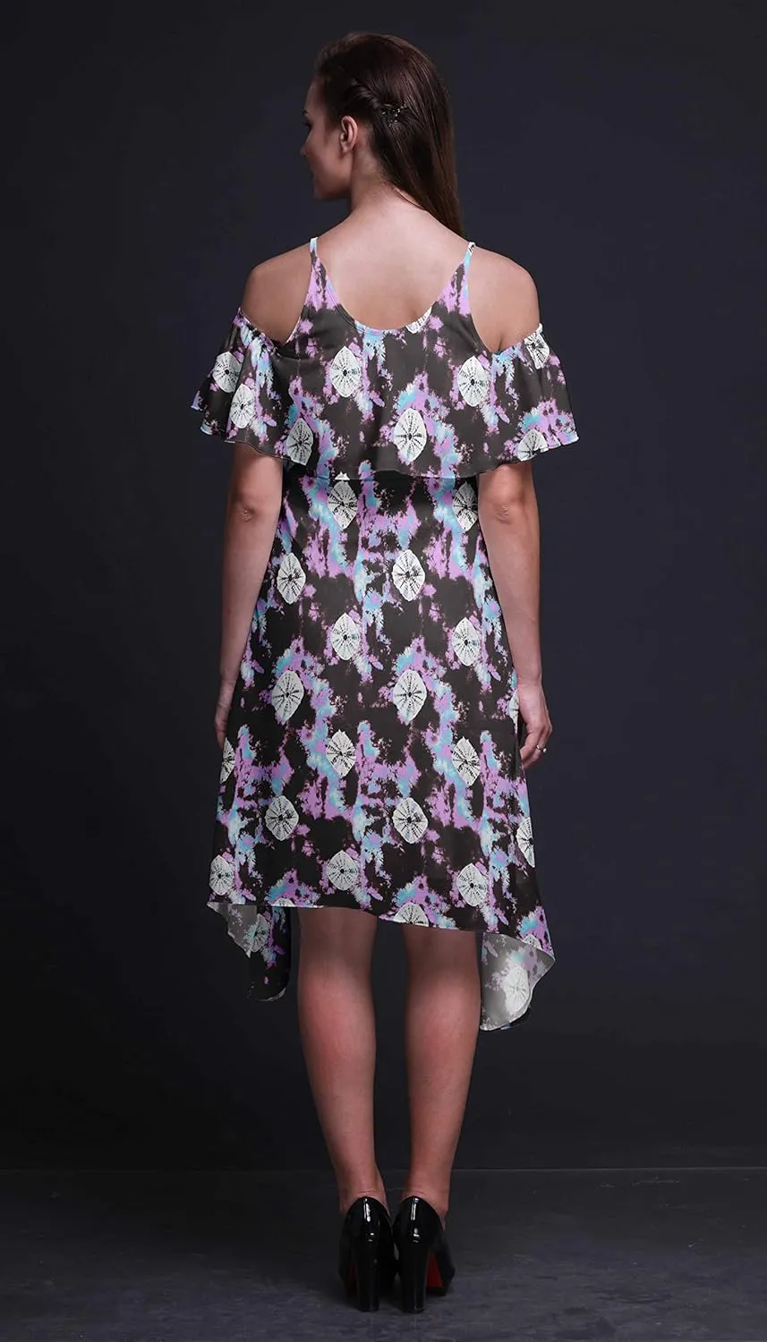 Bimba Moss Georgette Printed Womens Chic Style Cold Shoulder Tunic Party Round Neck Shift Dress