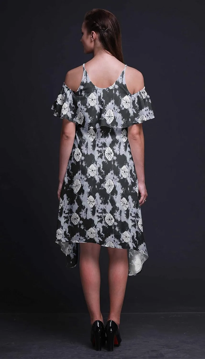 Bimba Moss Georgette Printed Womens Chic Style Cold Shoulder Tunic Party Round Neck Shift Dress