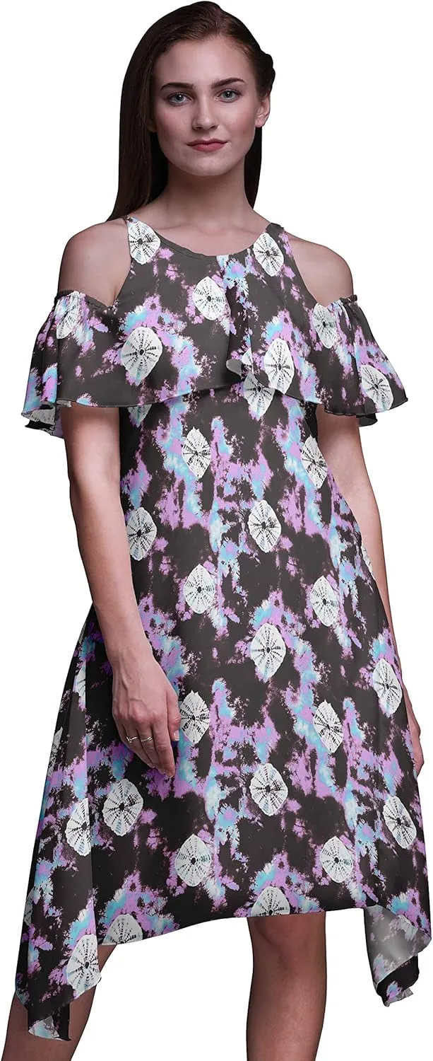 Bimba Moss Georgette Printed Womens Chic Style Cold Shoulder Tunic Party Round Neck Shift Dress