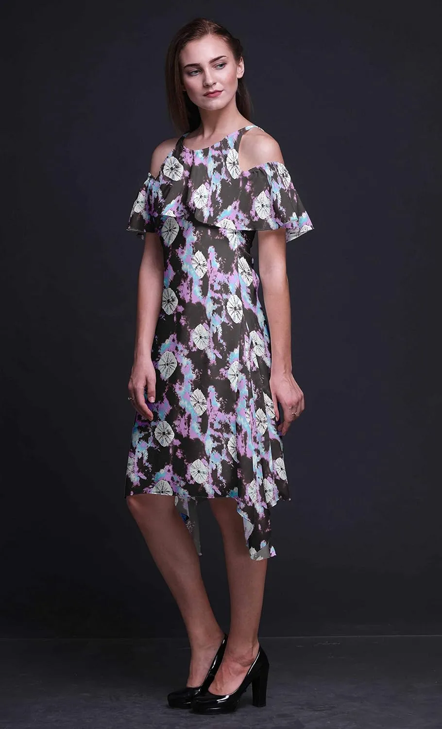Bimba Moss Georgette Printed Womens Chic Style Cold Shoulder Tunic Party Round Neck Shift Dress