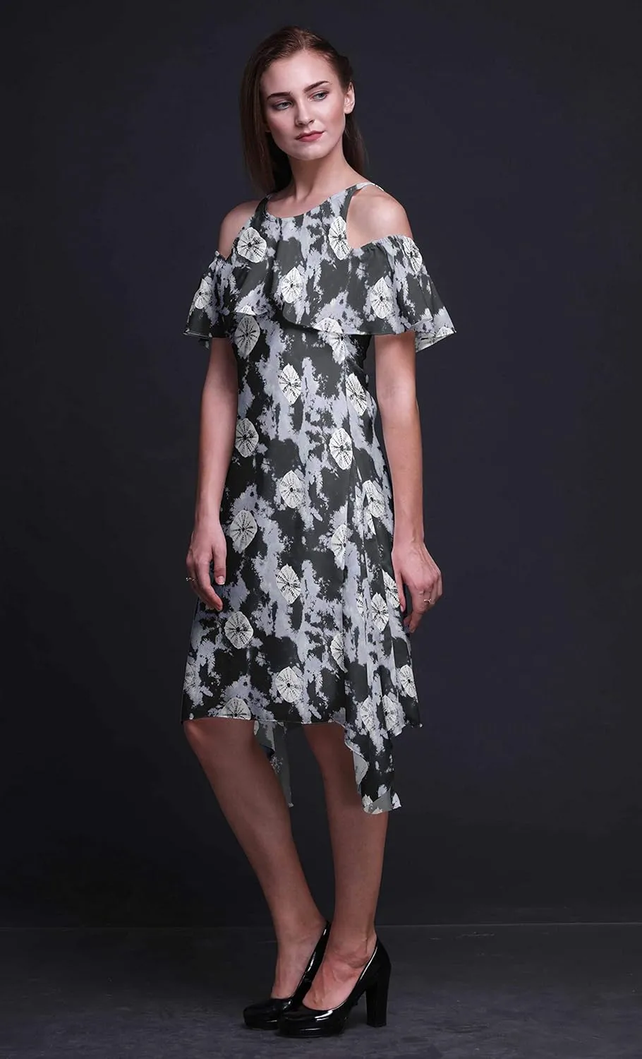 Bimba Moss Georgette Printed Womens Chic Style Cold Shoulder Tunic Party Round Neck Shift Dress