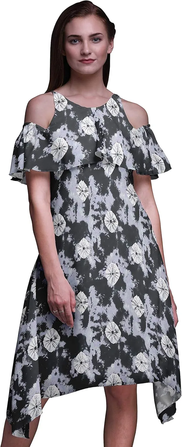 Bimba Moss Georgette Printed Womens Chic Style Cold Shoulder Tunic Party Round Neck Shift Dress
