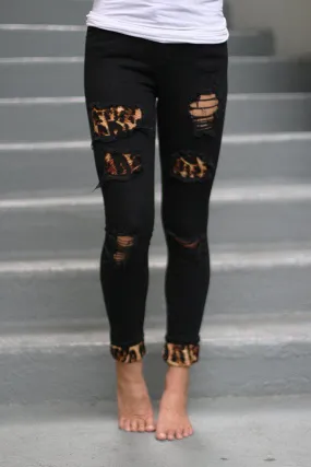 Black Leopard Patch Distressed Jeans