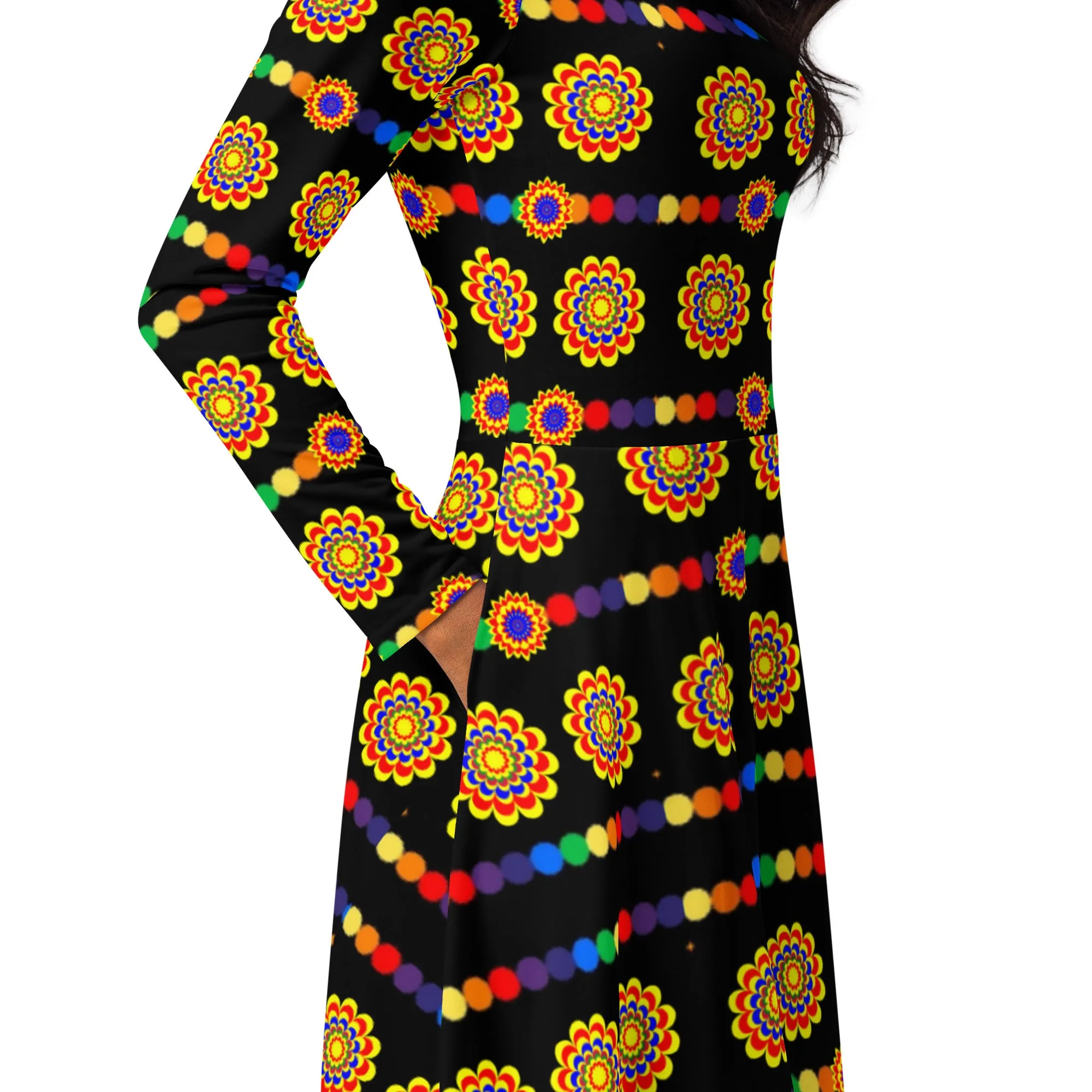 Black pattern  long sleeve midi dress