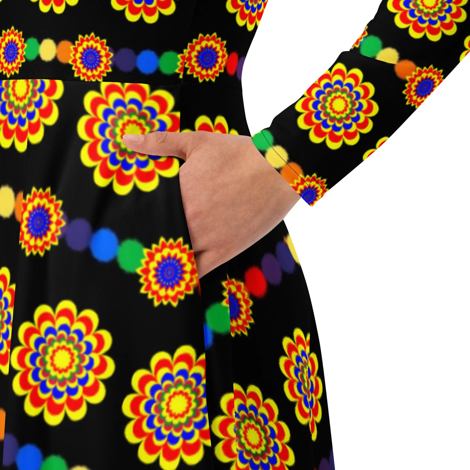 Black pattern  long sleeve midi dress