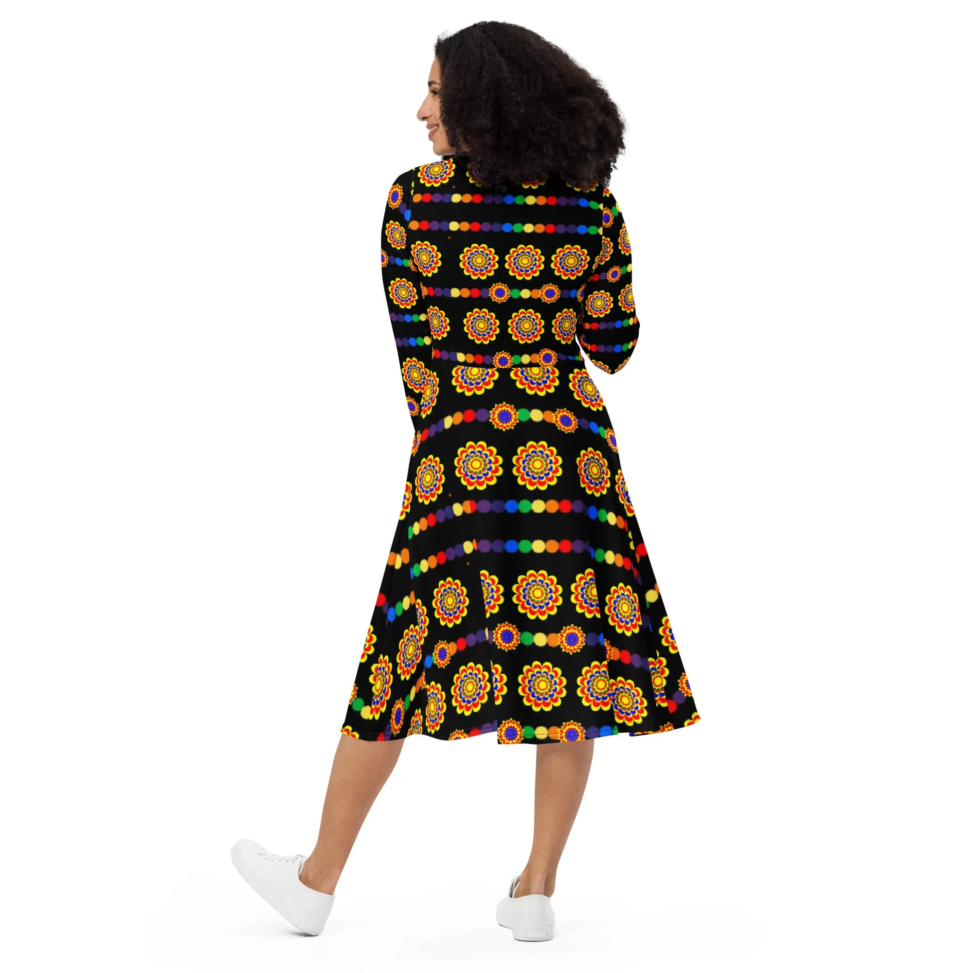 Black pattern  long sleeve midi dress