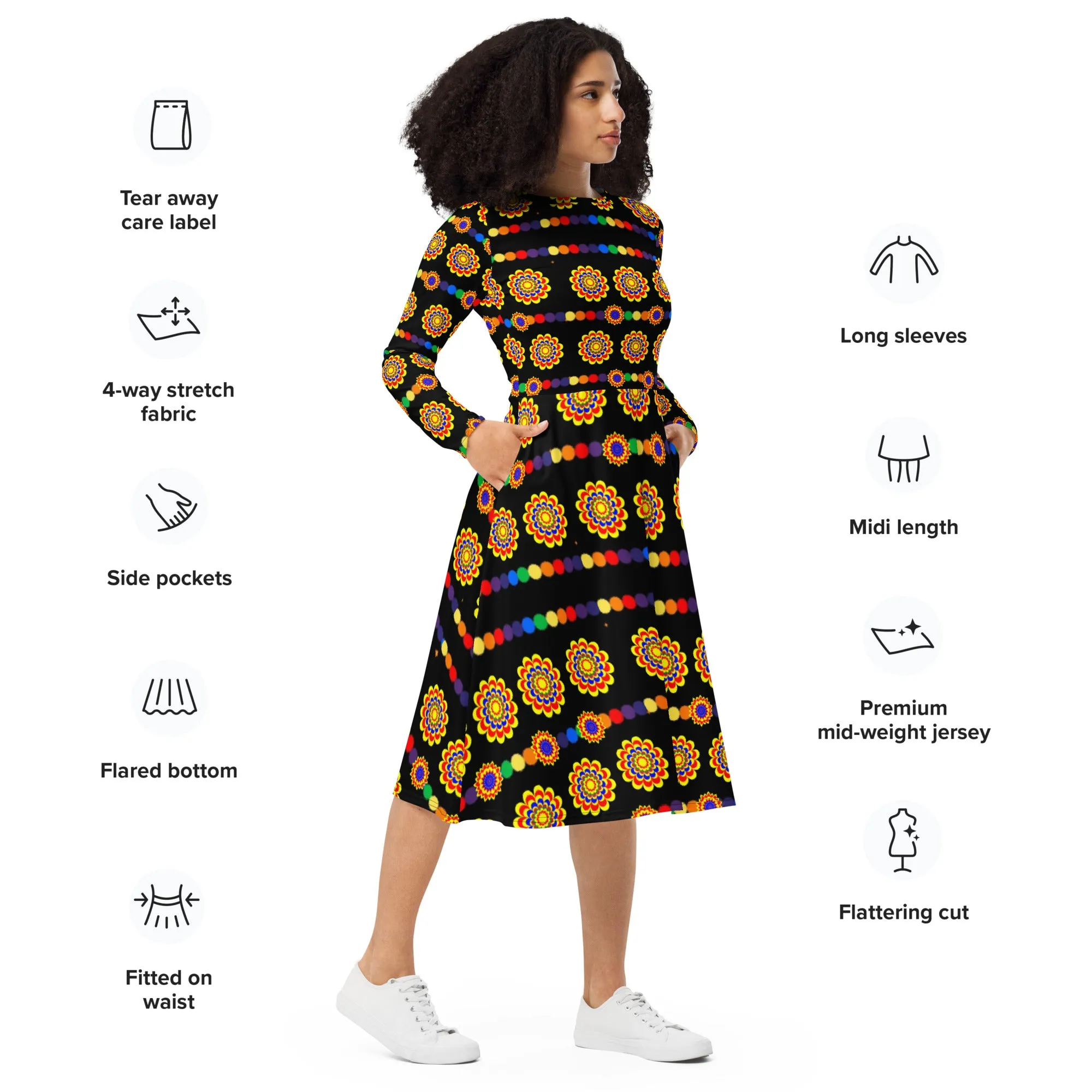 Black pattern  long sleeve midi dress