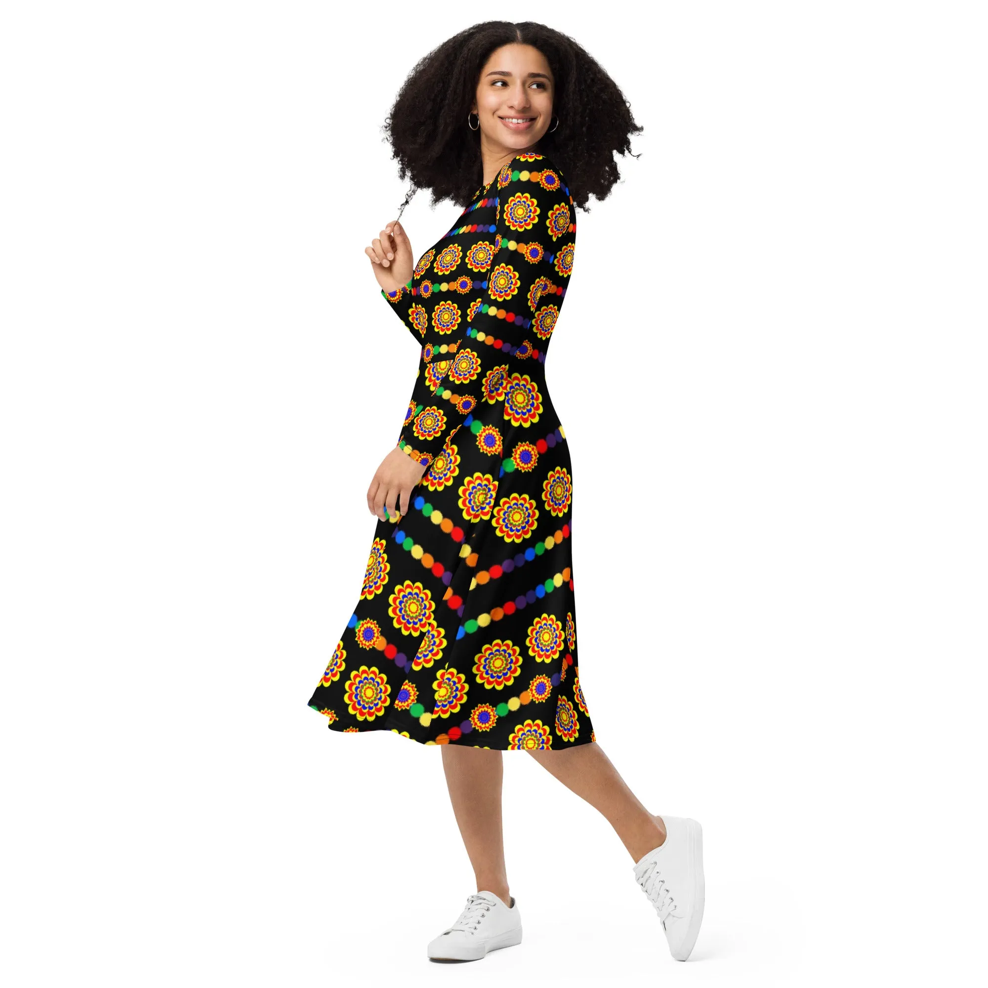 Black pattern  long sleeve midi dress
