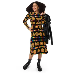 Black pattern  long sleeve midi dress
