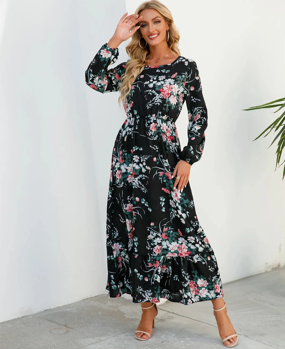 Bohemian Chiffon Dress with O-Neck and Puff Sleeves