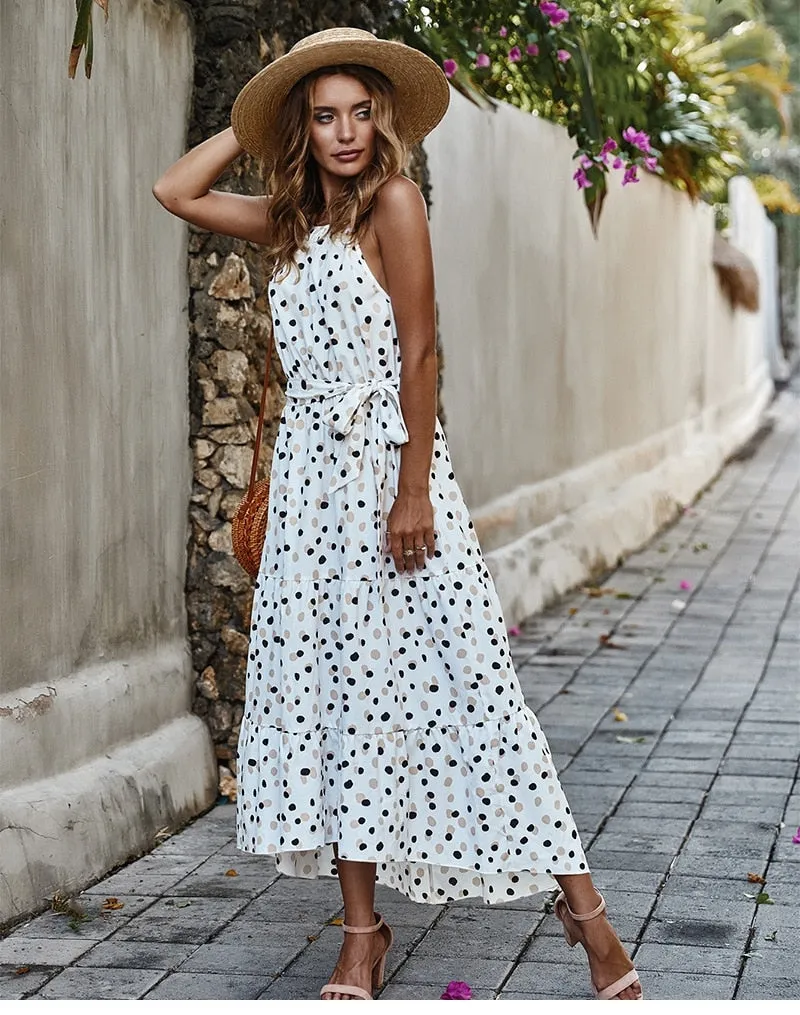 Boho Midi Dress, Strappy Sundress, Polka Dot in White