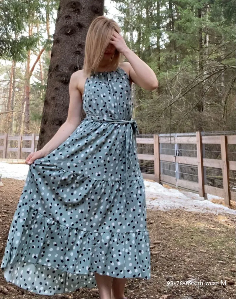 Boho Midi Dress, Strappy Sundress, Polka Dot in White
