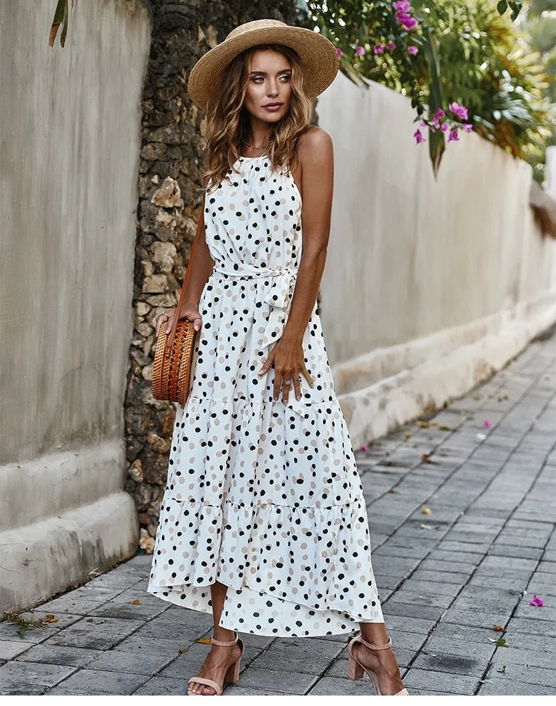 Boho Midi Dress, Strappy Sundress, Polka Dot in White