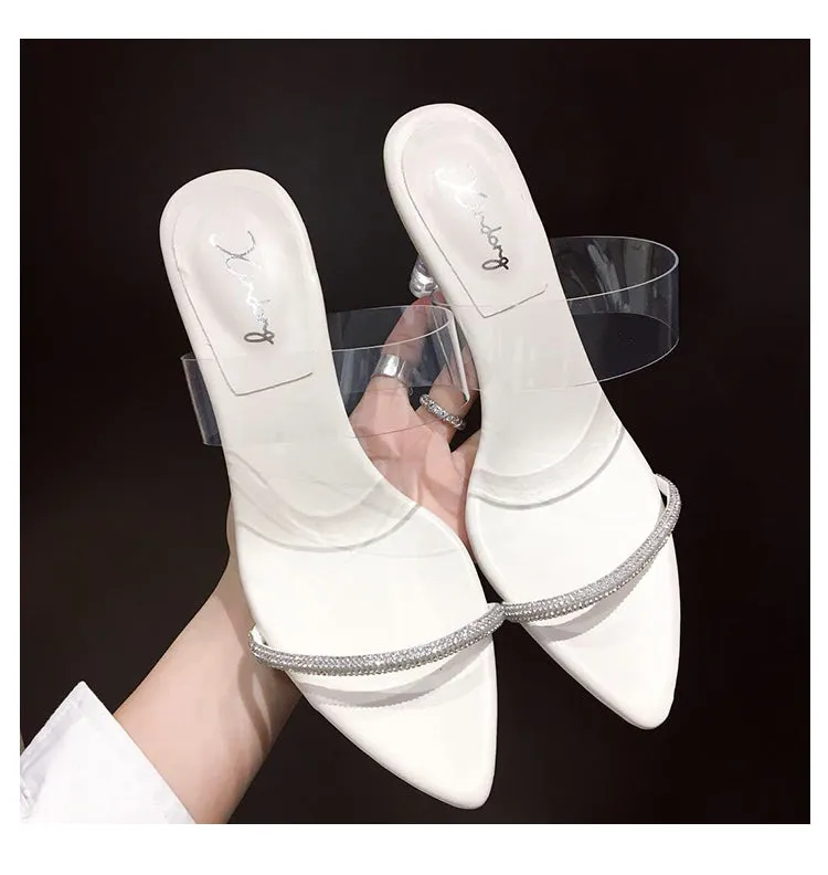 BOOPDO DESIGN DIAMANTE CLEAR DETAIL HEELED SANDALS