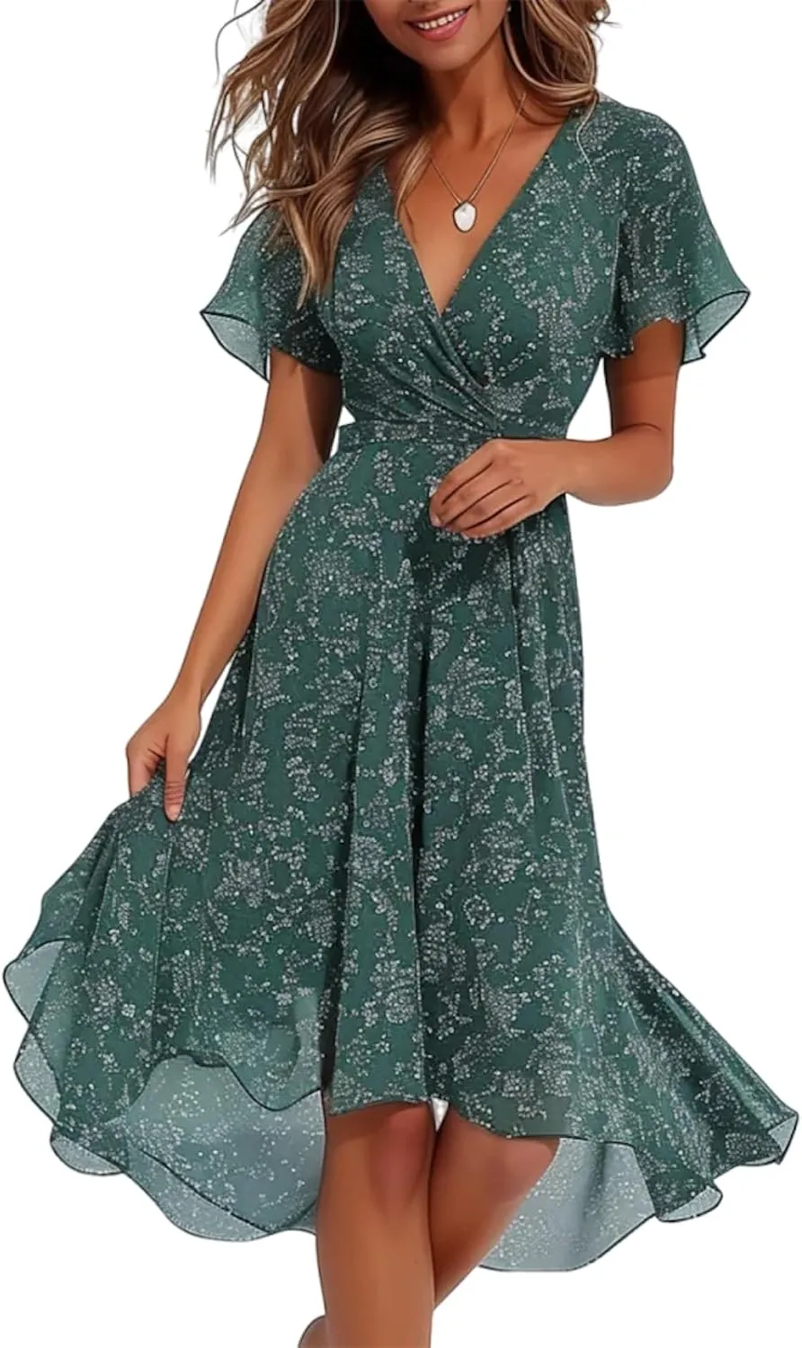 Chic Dot Print Wrap Womens Cocktail Dress V-Neck Short Sleeve Midi Dress and Green Sundresses for Women 2025