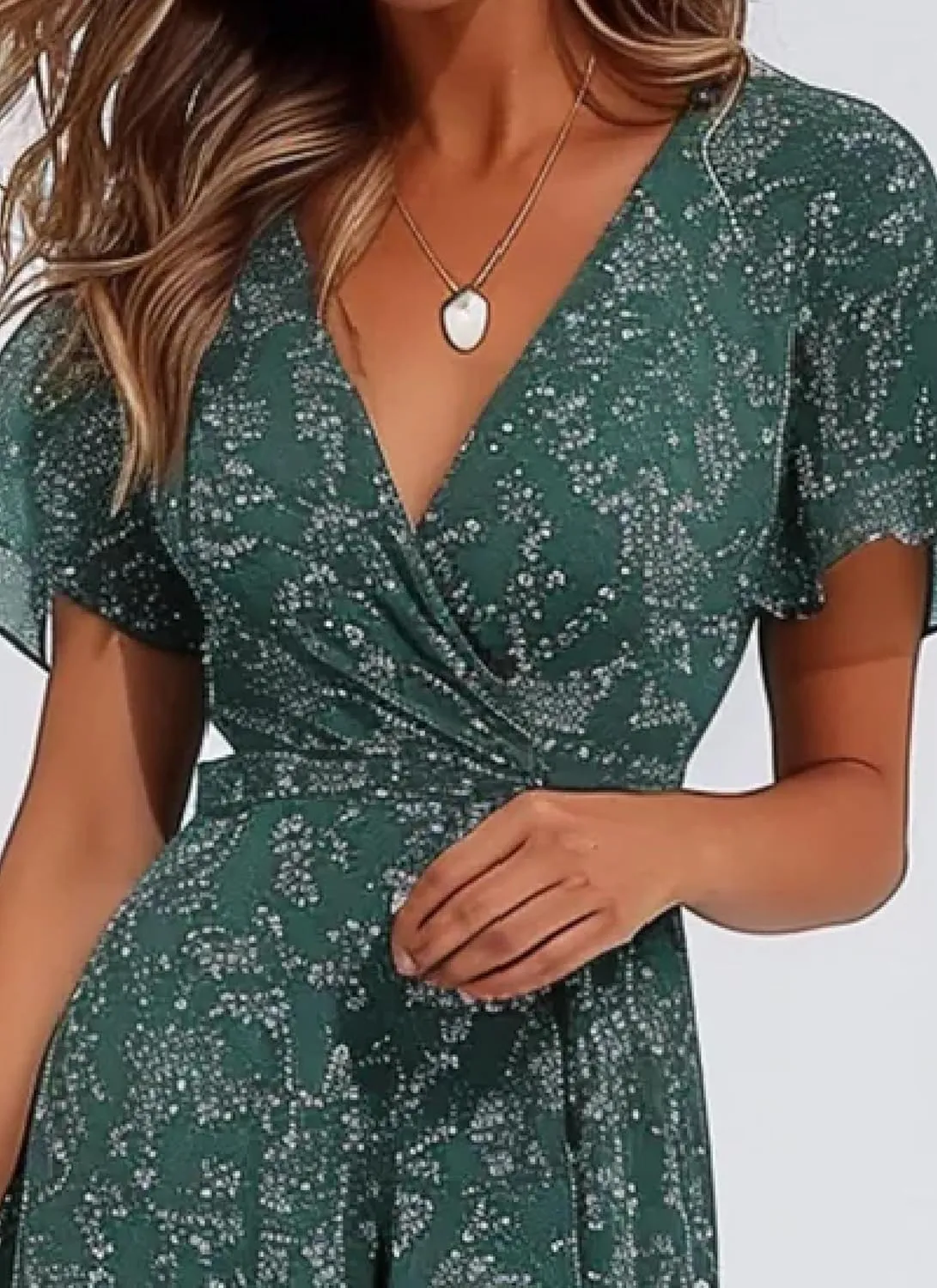 Chic Dot Print Wrap Womens Cocktail Dress V-Neck Short Sleeve Midi Dress and Green Sundresses for Women 2025