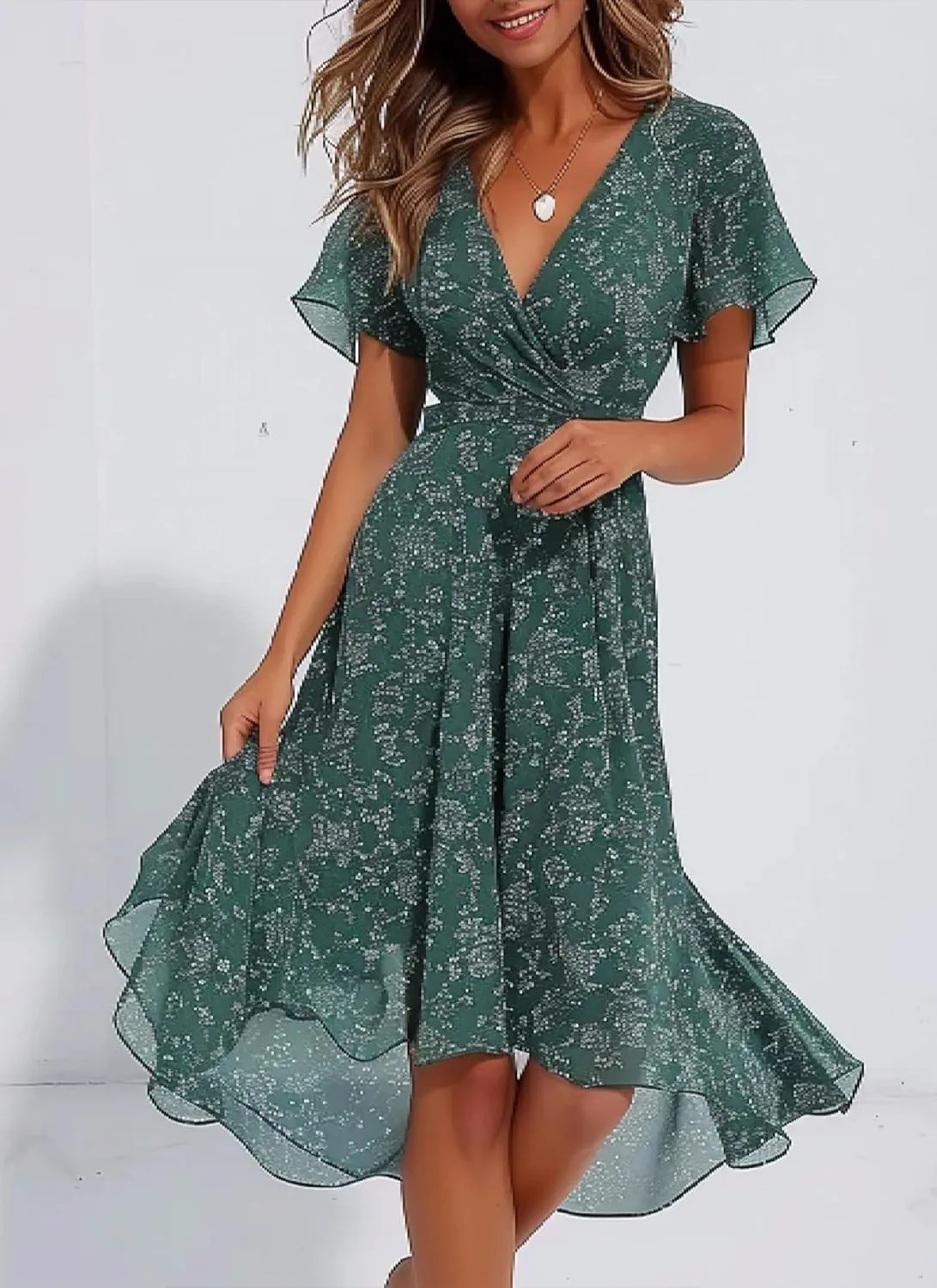 Chic Dot Print Wrap Womens Cocktail Dress V-Neck Short Sleeve Midi Dress and Green Sundresses for Women 2025