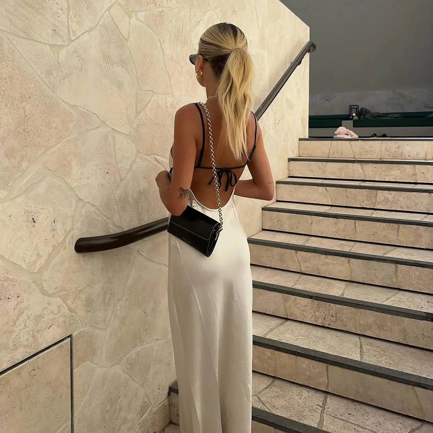 Chic Summer Backless Lace-up Sling Long Dress^