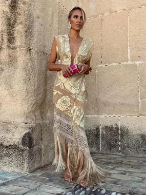 Chic Tassels Patchwork V Neck Dress: Elegant Statement for Women