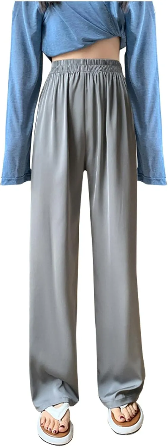 Comfy Trousers for Women Thin Summer Breathable Straight Leg Pants Stretch Elastic Waist Solid Color Casual Pants