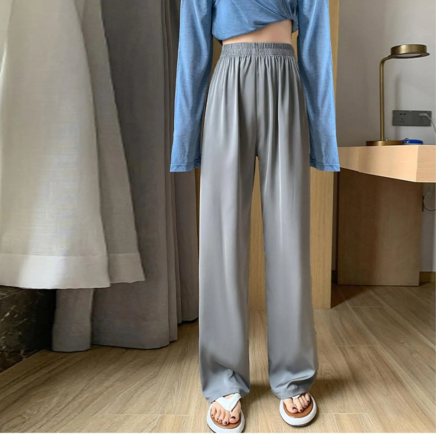 Comfy Trousers for Women Thin Summer Breathable Straight Leg Pants Stretch Elastic Waist Solid Color Casual Pants