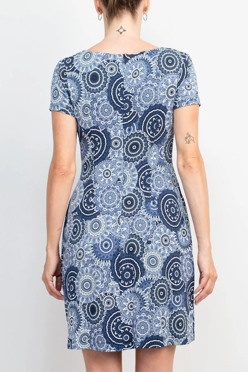 Connected Apparel Scoop Neck Short Sleeve Pleated Zipper Back Puff Print Fit & Flare Jersey Dress
