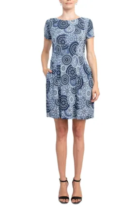 Connected Apparel Scoop Neck Short Sleeve Pleated Zipper Back Puff Print Fit & Flare Jersey Dress