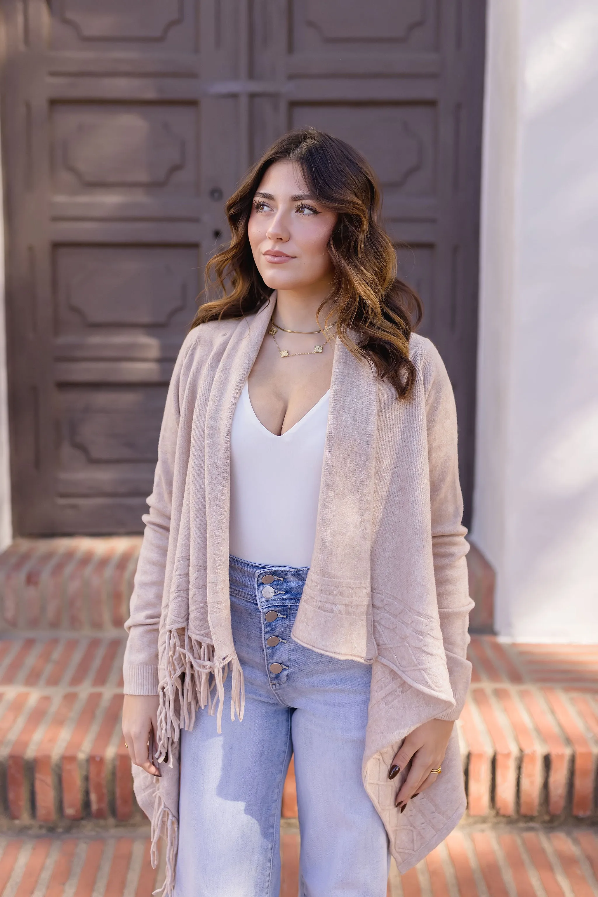 Dallas Long Sleeve Cowl Neck Fringe Cardigan Tan