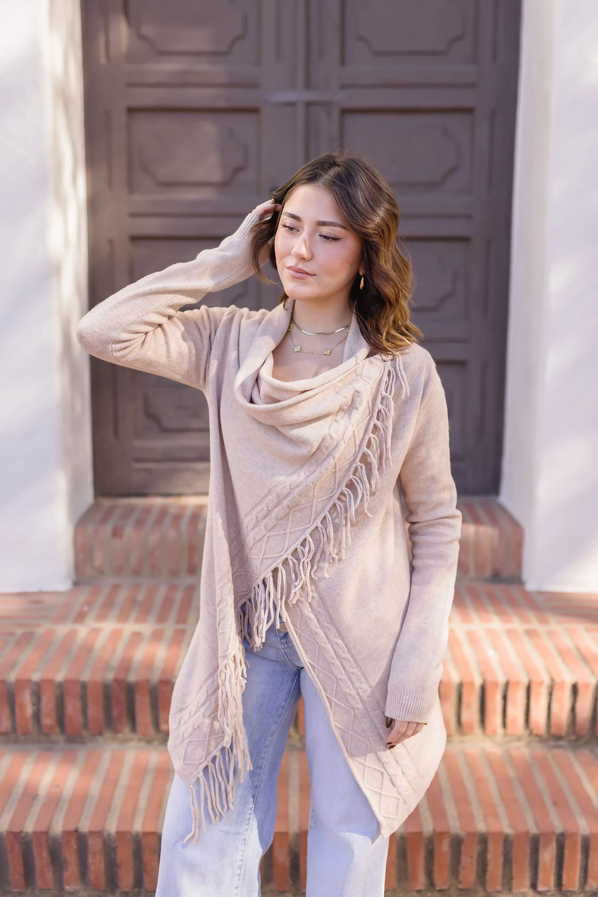 Dallas Long Sleeve Cowl Neck Fringe Cardigan Tan
