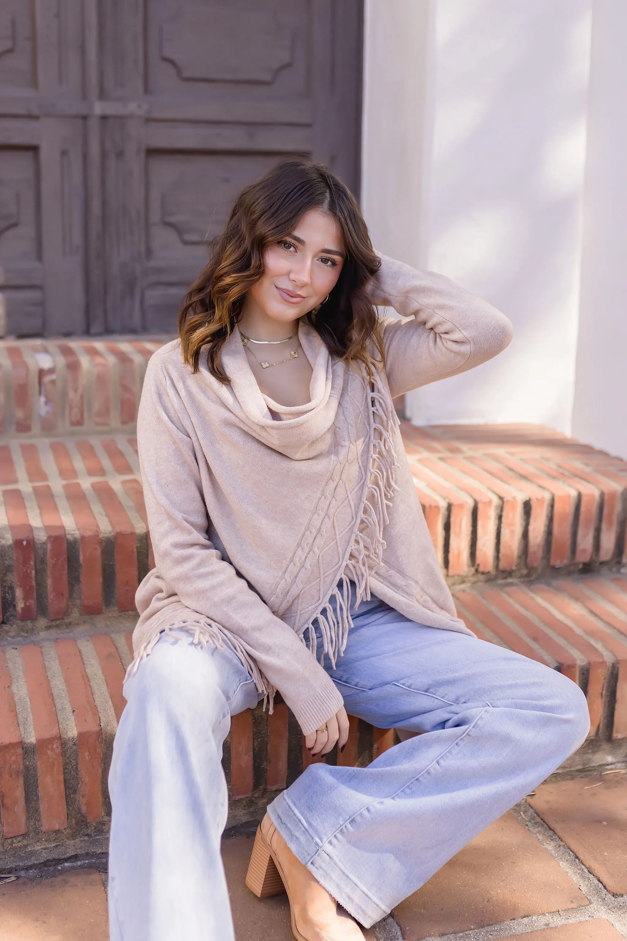 Dallas Long Sleeve Cowl Neck Fringe Cardigan Tan