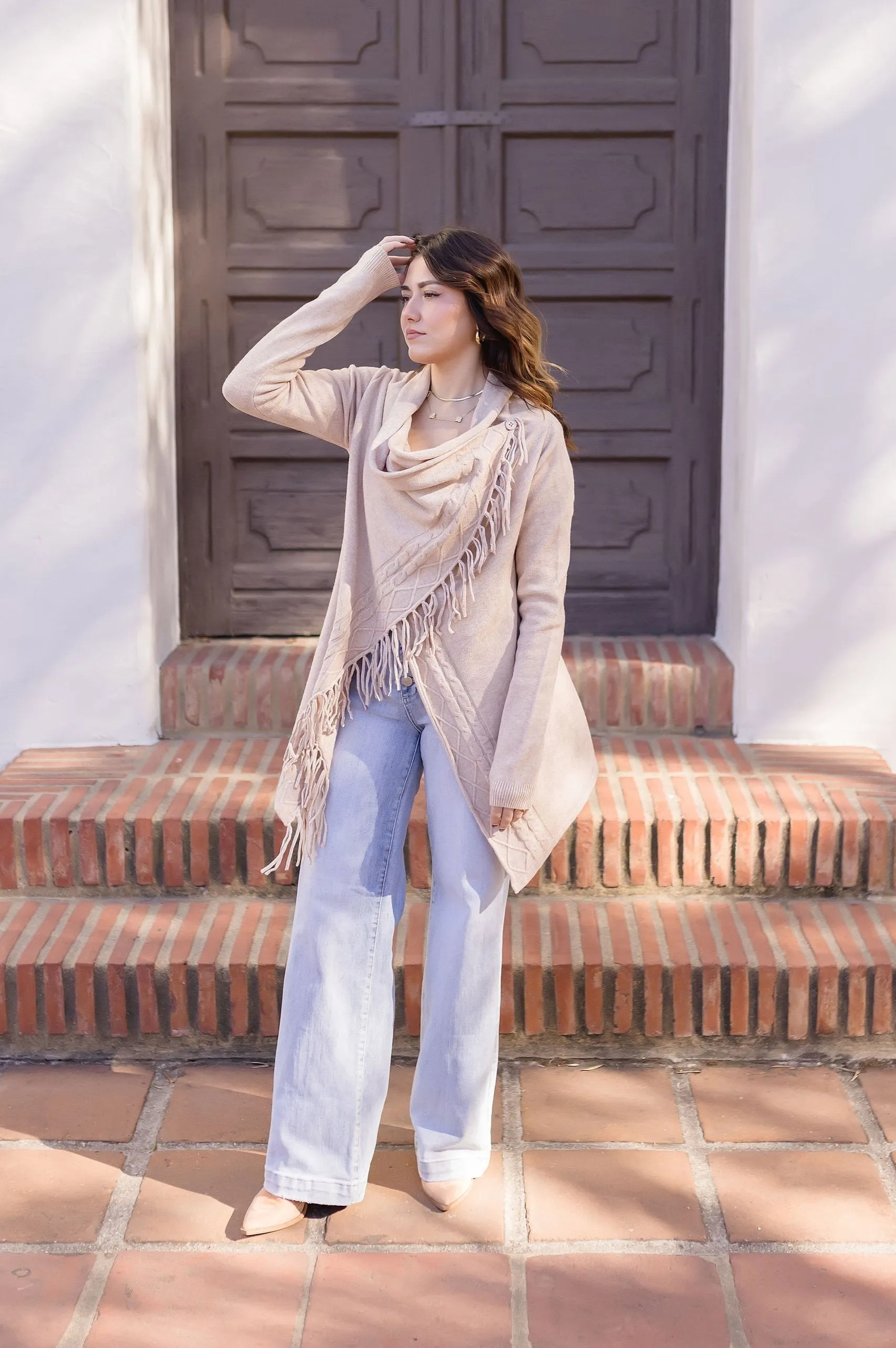 Dallas Long Sleeve Cowl Neck Fringe Cardigan Tan
