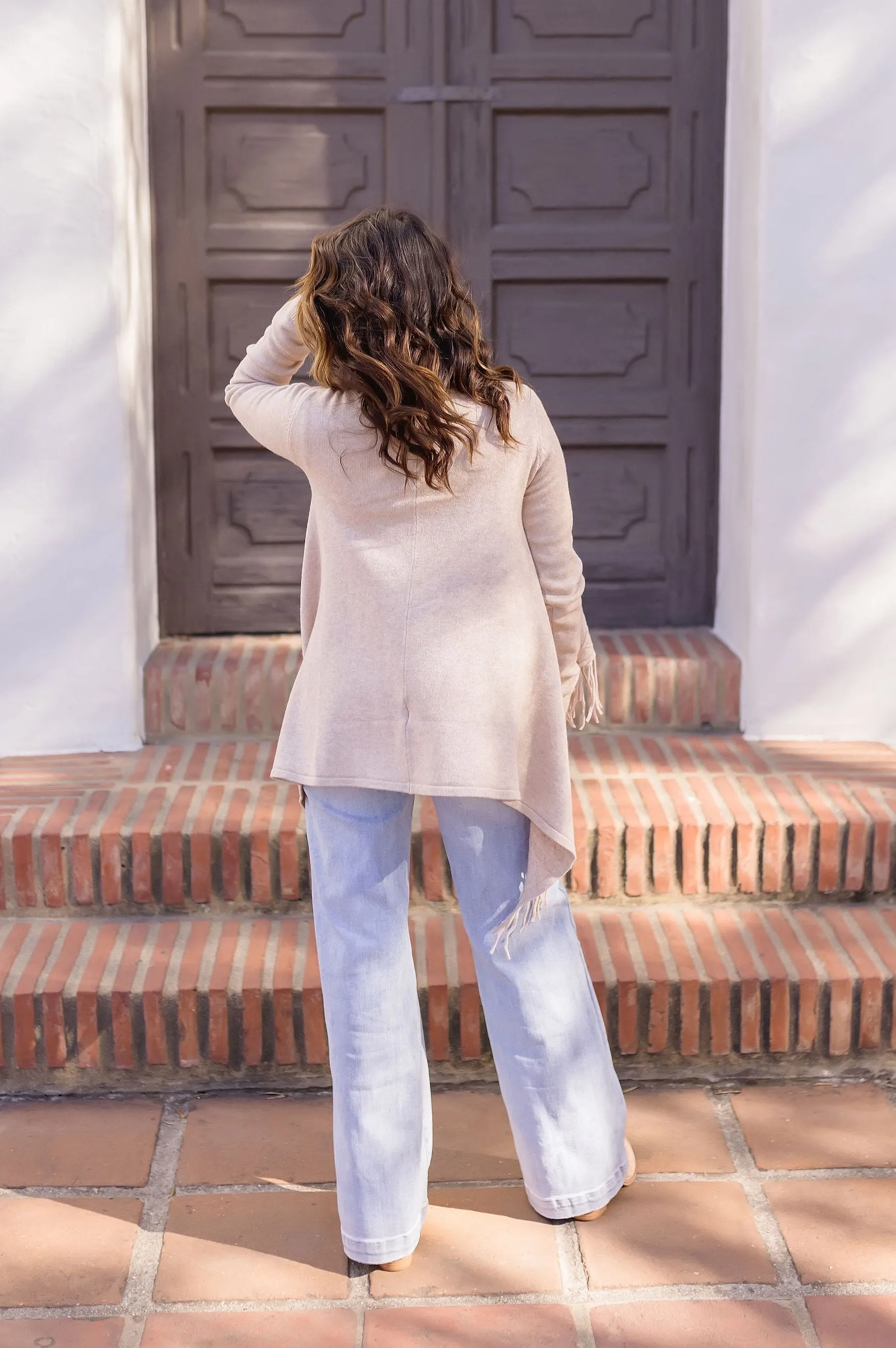 Dallas Long Sleeve Cowl Neck Fringe Cardigan Tan