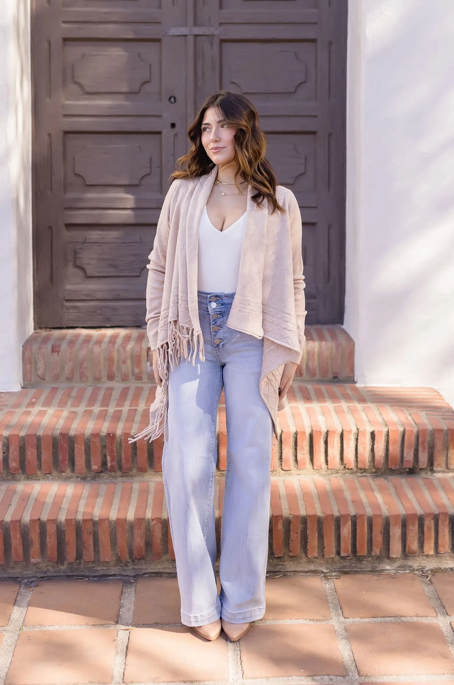 Dallas Long Sleeve Cowl Neck Fringe Cardigan Tan