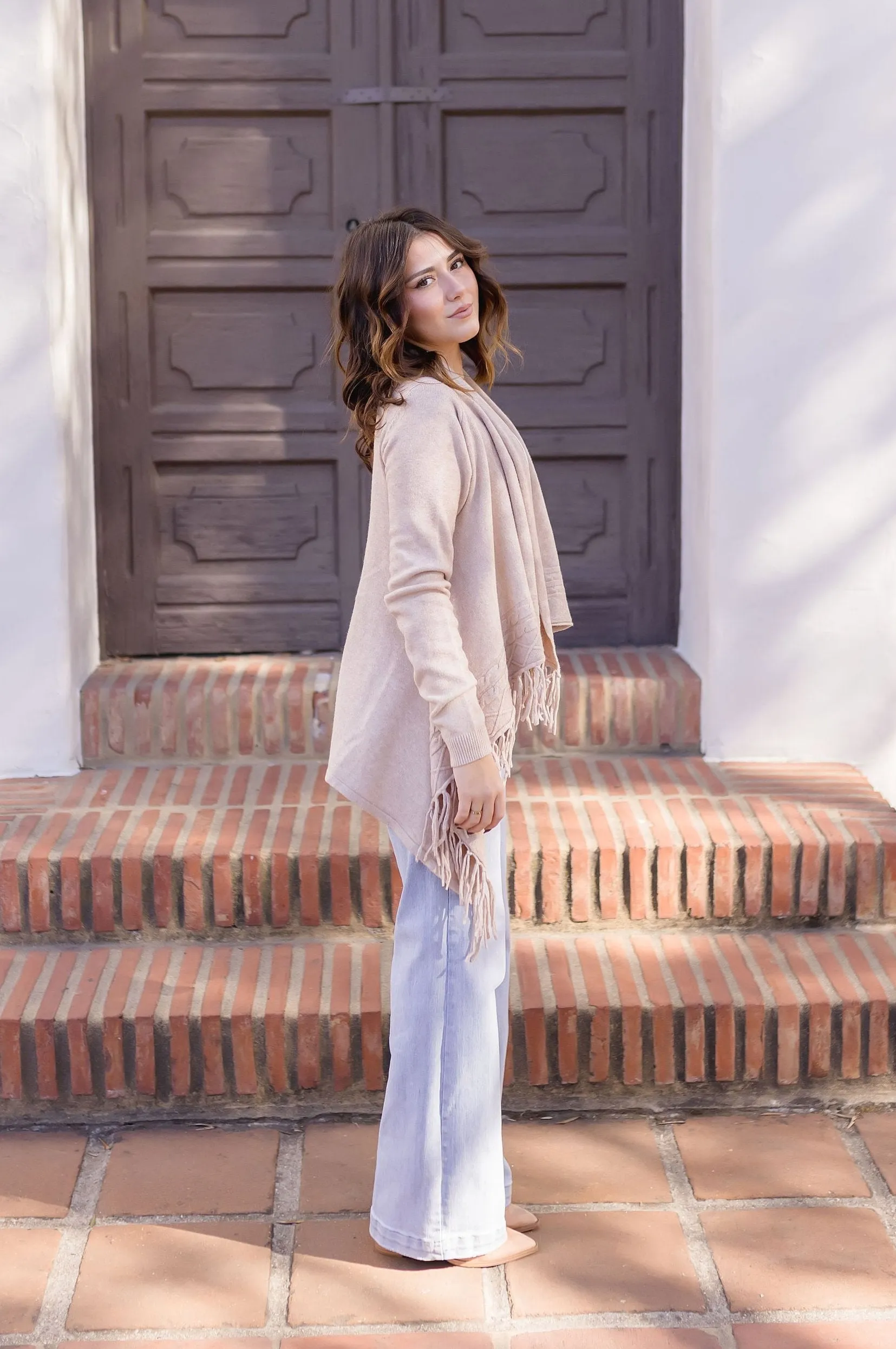 Dallas Long Sleeve Cowl Neck Fringe Cardigan Tan