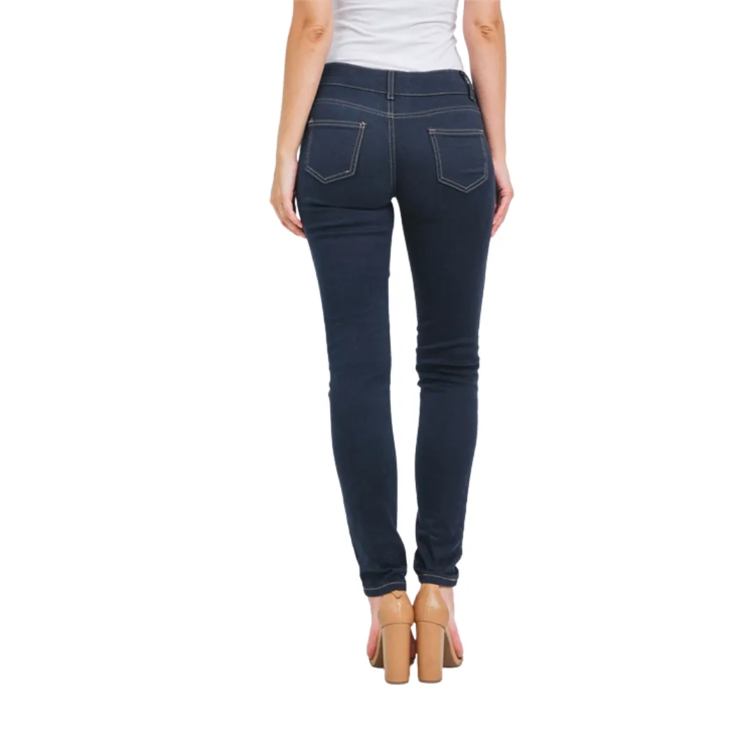 Dark Denim Mid Rise Double Button Skinny Stretch Jeans