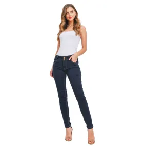 Dark Denim Mid Rise Double Button Skinny Stretch Jeans