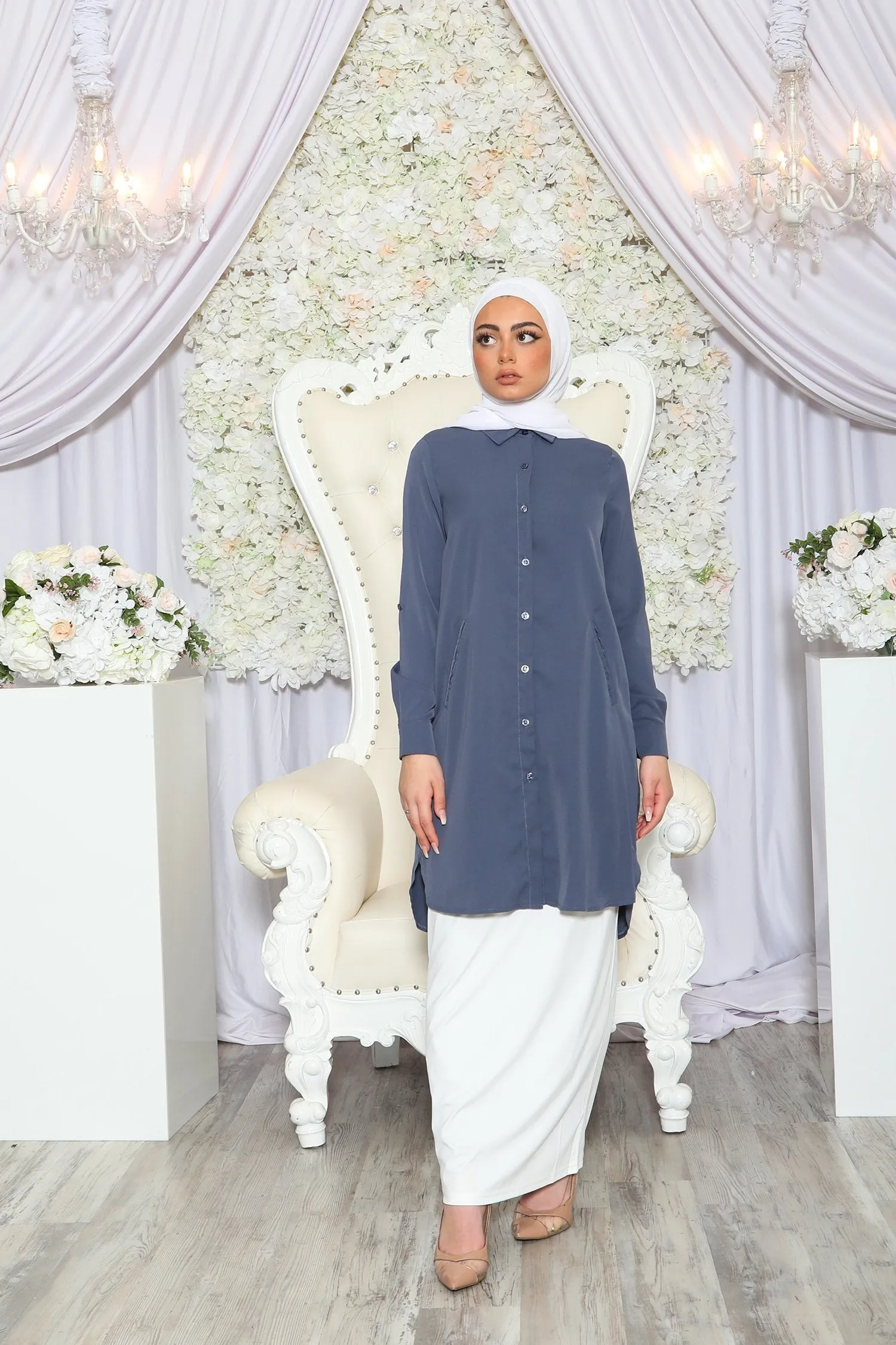 Deluxe Soft Long Blouse- Dark Blue Gray