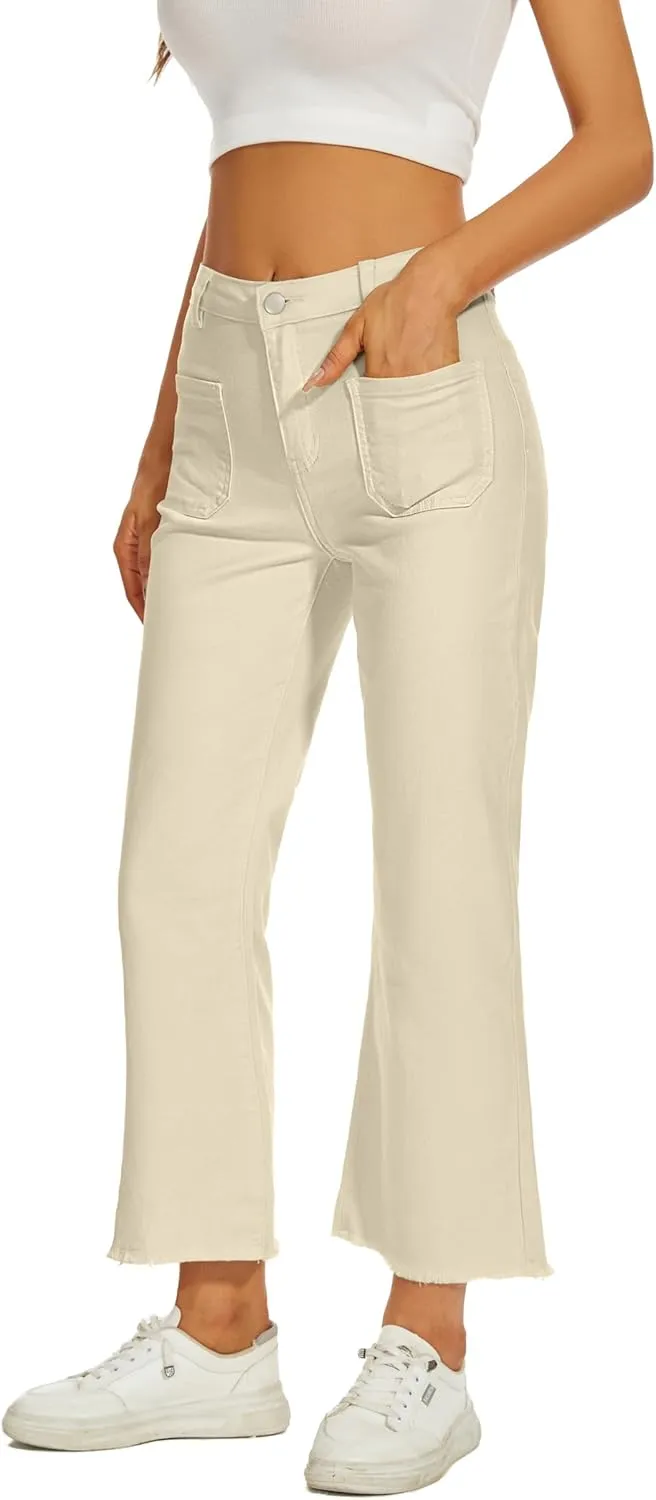Denim Women Cropped Trousers Jeans Pants Leg Jeans High Rise Pants Stretchy with Pockets